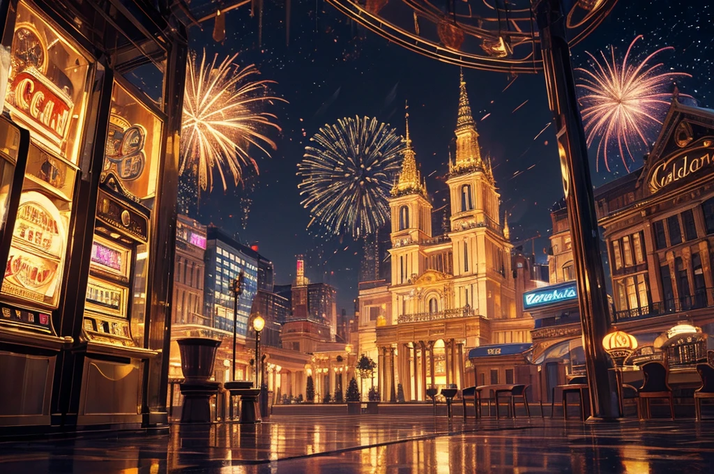 golden casino, night, downtown, HDR, 4k resolution, golden moon, firework, modern architecture, slot machine, indoor