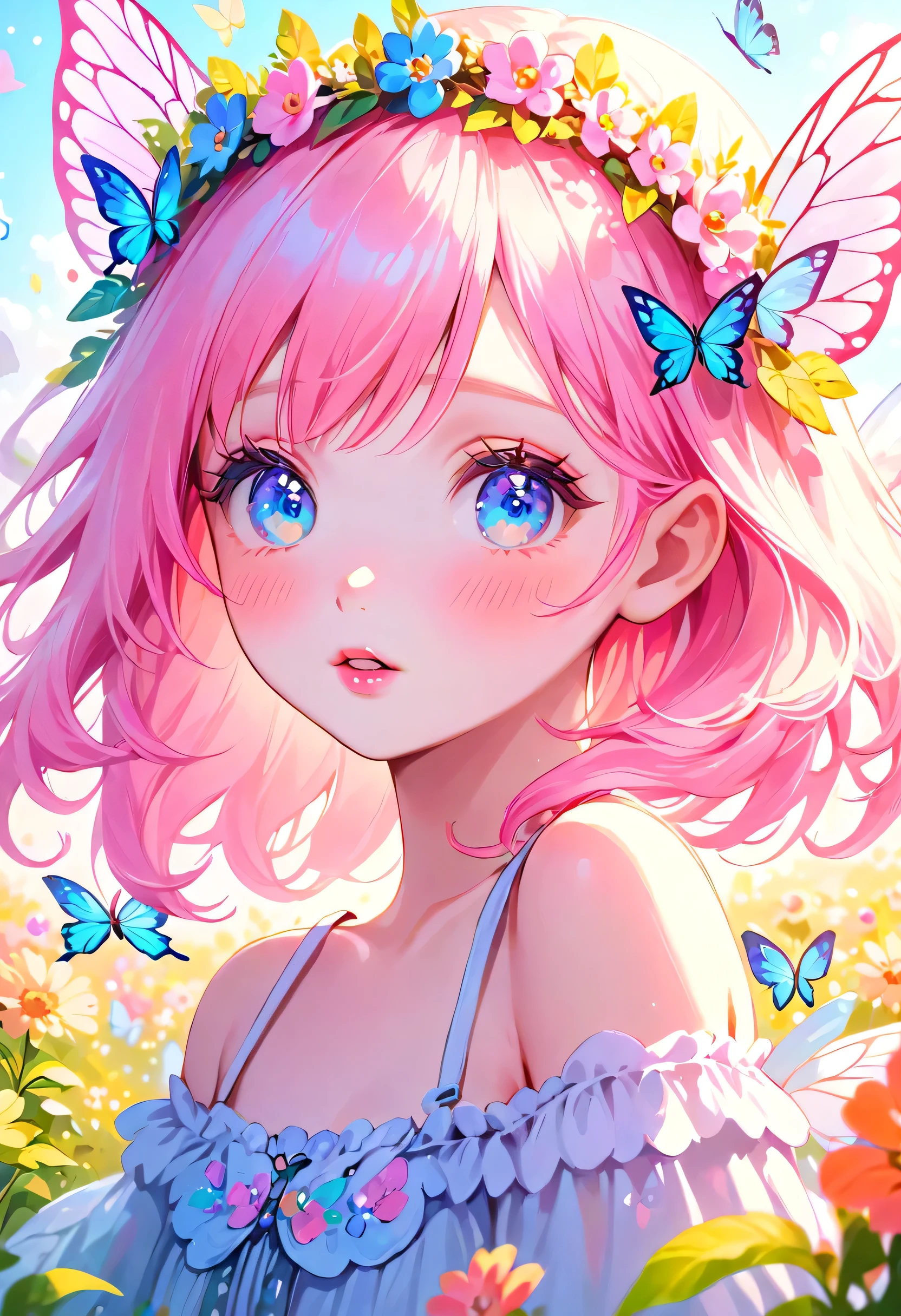 kawaii girl, 1girl, beautiful detailed eyes, beautiful detailed lips, extremely detailed face, long eyelashes, soft pastel colors, pink hair, blue eyes, white skin, cute expression, flower crown, fairy wings, fantasy meadow background, magical light, glowing butterflies, vibrant colors, digital painting, illustration, (best quality, 4k, 8k, highres, masterpiece:1.2), ultra-detailed, (realistic, photorealistic, photo-realistic:1.37)