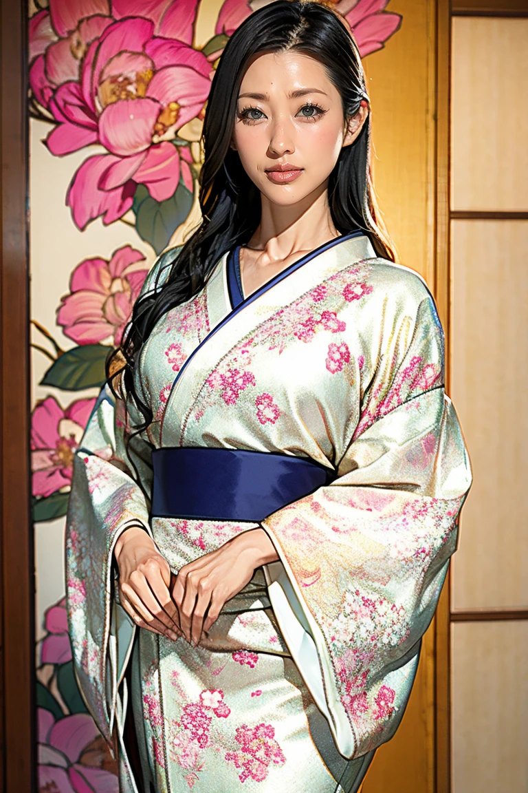 (Highest quality、Tabletop、8K、Best image quality、Award-winning works)、(1 Beautiful Mature Woman:1.1)、(Innkeeper:1.1)、(Elegant floral kimono:1.2)、(A kimono with a perfect and accurate collar:1.2)、Perfect Mature Woman Portrait Photo、Glowing Skin、Standing Elegantly、(Blurred elegant and elaborate perfect Japanese style room background:1.3)、(The most natural and perfect tidy Japanese-style room background:1.2)、Glowing White Skin、Very white skin、(Accentuate your body lines:1.1)、(Standing most elegantly:1.2)、(Large Breasts:1.2)、(A sad look staring at me:1.2)