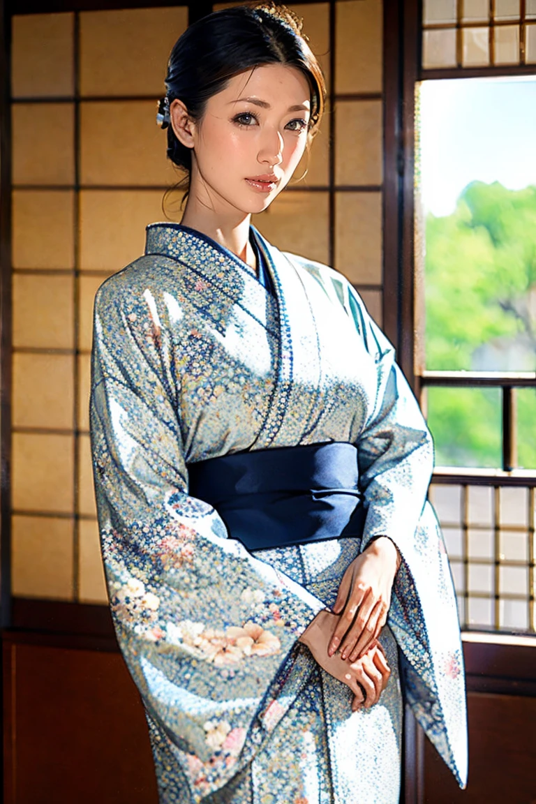 (Highest quality、Tabletop、8K、Best image quality、Award-winning works)、(1 Beautiful Mature Woman:1.1)、(Innkeeper:1.1)、(Elegant floral kimono:1.2)、(A kimono with a perfect and accurate collar:1.2)、Perfect Mature Woman Portrait Photo、Glowing Skin、Standing Elegantly、(Blurred elegant and elaborate perfect Japanese style room background:1.3)、(The most natural and perfect tidy Japanese-style room background:1.2)、Glowing White Skin、Very white skin、(Accentuate your body lines:1.1)、(Standing most elegantly:1.2)、(Large Breasts:1.2)、(A sad look staring at me:1.2)