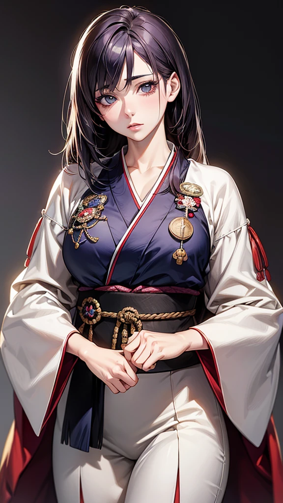 Highest quality, Ultra-high resolution, (Realistic: 1.4), beautiful Eyes, Super beautiful, beautiful, Warrior, Japanese style, beautiful Soldier, Eyes that beckon、Droopy eyes, Mistress&#39;s point of view, Attractive look, Sexy smile, Perfect Style, Perfect balance, whole body、Detailed skin, Mischievous Gaze, (Black Hair、ponytail:1.4)、Japanese sword