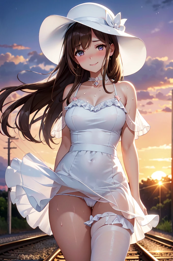 see-through, satin, silk, (frill panty), (High quality, High resolution, Fine details), setting sun, Backlight, A straight stretch of railroad track, White Dress, White Hat, solo, curvy women, light brown hair, sparkling eyes, (Detailed eyes:1.2), smile, blush, Sweat, Oily skin, shallow depth of field, Fantastic
