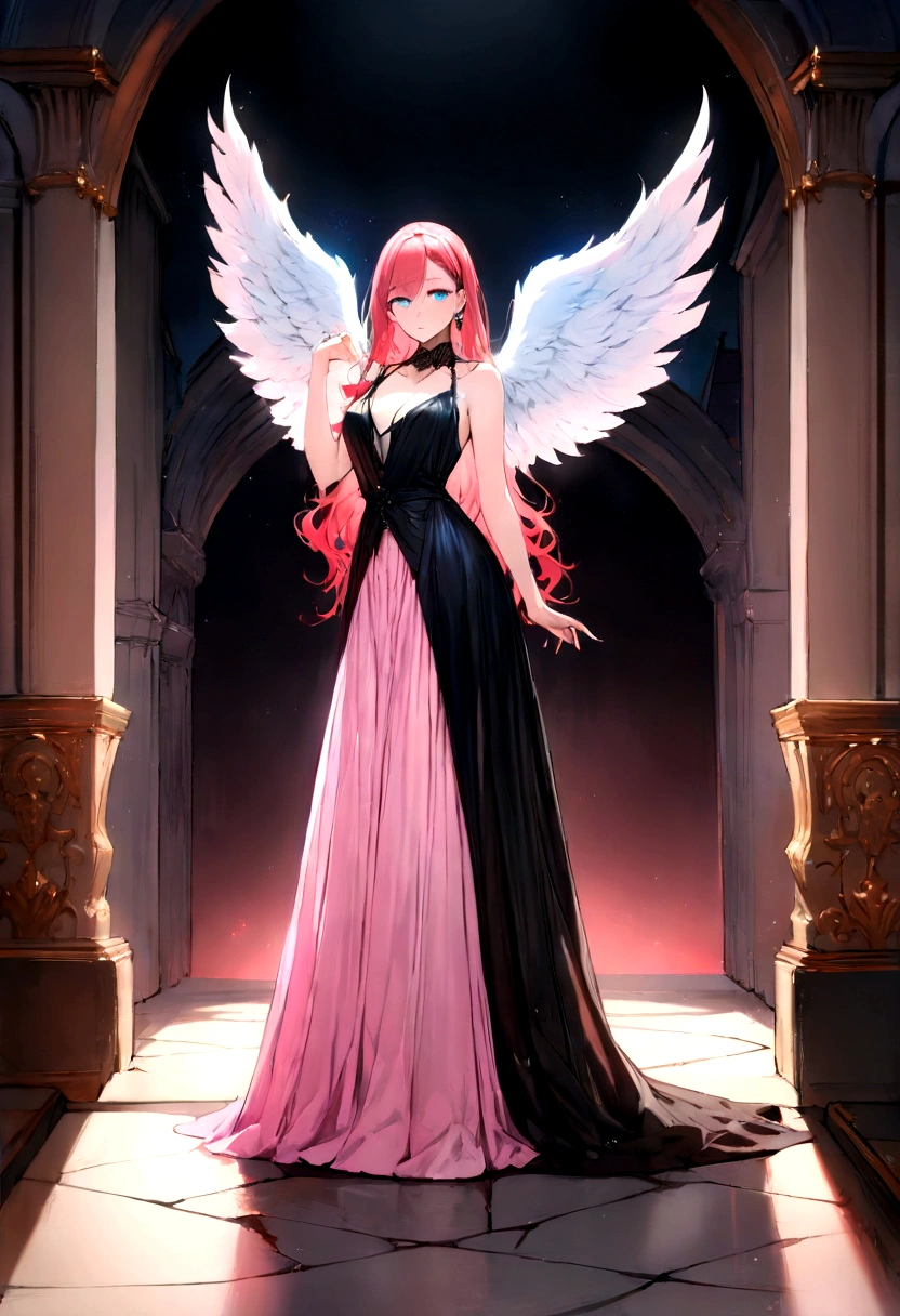 Alafid, a picture of a female Angel in high society prom event, divine beautiful female Angel, Red hair, Long hair, Flowing hair, Hair shimmers in the soft light, Azure eyes, Deep and bright eyes, Divine female face, (spread white feather wing: 1.2), She is wearing ((Pink and black evening dress: 1.5)), elegant, Dress with exquisite details, Silk dress, Small cracks, There are some crystals on the skirt,  she wears elegant knee high heeled boots, Exquisite knee-high heel boots, She stood on the porch of a fantasy castle, Dynamic Angle, Soft flashlight, (masterpiece: 1.5), 16K, high resolution, best quality, High Detail, Extremely detailed, masterpiece, best quality, (Extremely detailed), AngelStyle, GlowingRunesAI_Light blue, Angel_wing, Angel