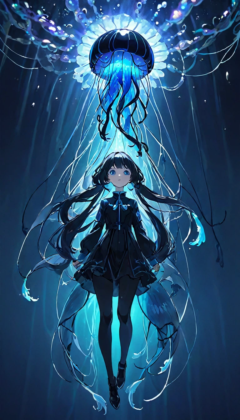 best quality、masterpiece、high resolution、8k、Pitch blackの静寂を演出、Wallpaper Art、Jellyfish floating in the air、Blue glowing jellyfish、Fluorescent jellyfish、Mysterious Expression、Synaptic vesicles、Neurons、Jellyfish-shaped quantum computer、Pitch black、The only light source is the jellyfish、