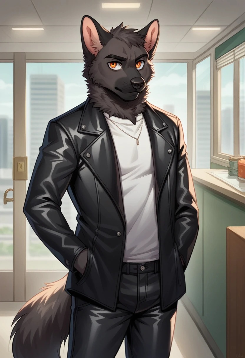 detailed fluffy fur texture, impasto impressionism, (by foxovh, ross tran, michael garmash, pino daeni, iskra), highly detailed pupils, solo, furry, anthro, chase-pp, skull dog, male, orange eyes eyes, dark gray fur, black body, fur body, fully clothed, detailed fluffy fur texture, curvy, wide hips, inner fluff ears, from front, standing, black leather jacket, black pants, interior apartment background, day, 1boy, on edge, 