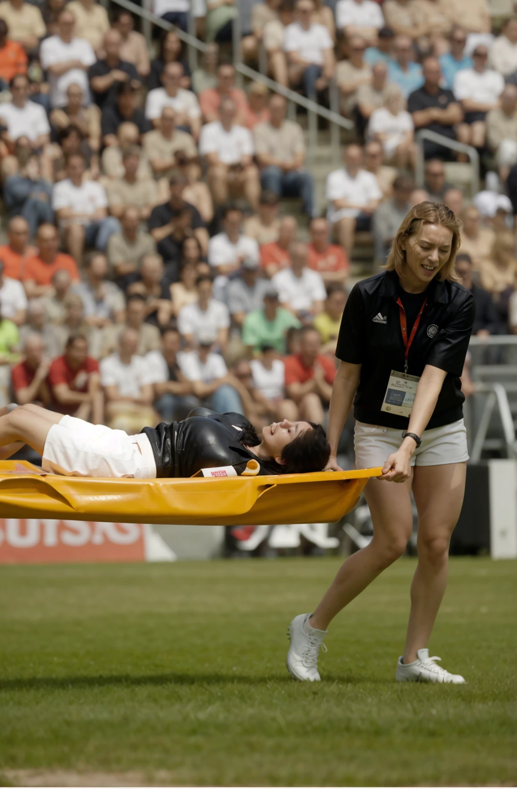 a blond woman is carrying a astretcher on a soccer field, there is a male soccer player in short sportswear lying injured on a stretcher, there is an injured sportsman who is covering his face on a stretcher, an injured sportsman is covering his face with his hands, an injured sportsman is writhing ecstatic in pain on a stretcher, dramatic pity pose, there is a very female woman in a high-shine coat, a high-shine black wetlook coat, a long shiny coat, a wetlook glossy coat, a wet black laquered coat, a very female looking wife is wearing a wetlook coat, injured, medic, soccer action pose, affection pose, lecherous action pose, dramatic action pose, theatralic pose, there is an attractive woman that is carrying a suffering man on a stretcher, there is a beautiful woman in a shiny coat who is carrying a blond man on a wet orange stretcher, a longhaired beautiful woman in a high-shine coat, a longhaired woman in a shiny downcoat, a woman is carrying a stretcher with a shorthaired man who is wearing shorts and a t-shirt, a weak man in spots shorts is consciousless and needs to be carried on a wetlook pvc stretcher, a shorthaired man with closed eyes is carried on a stretcher by a longhaired woman, a woman looks very scared and terrified, a consciousless man with closed eyes is suffering very much and has a very painful face, photo, photo shoot, photographed , accident, help, aid, first aid, pity