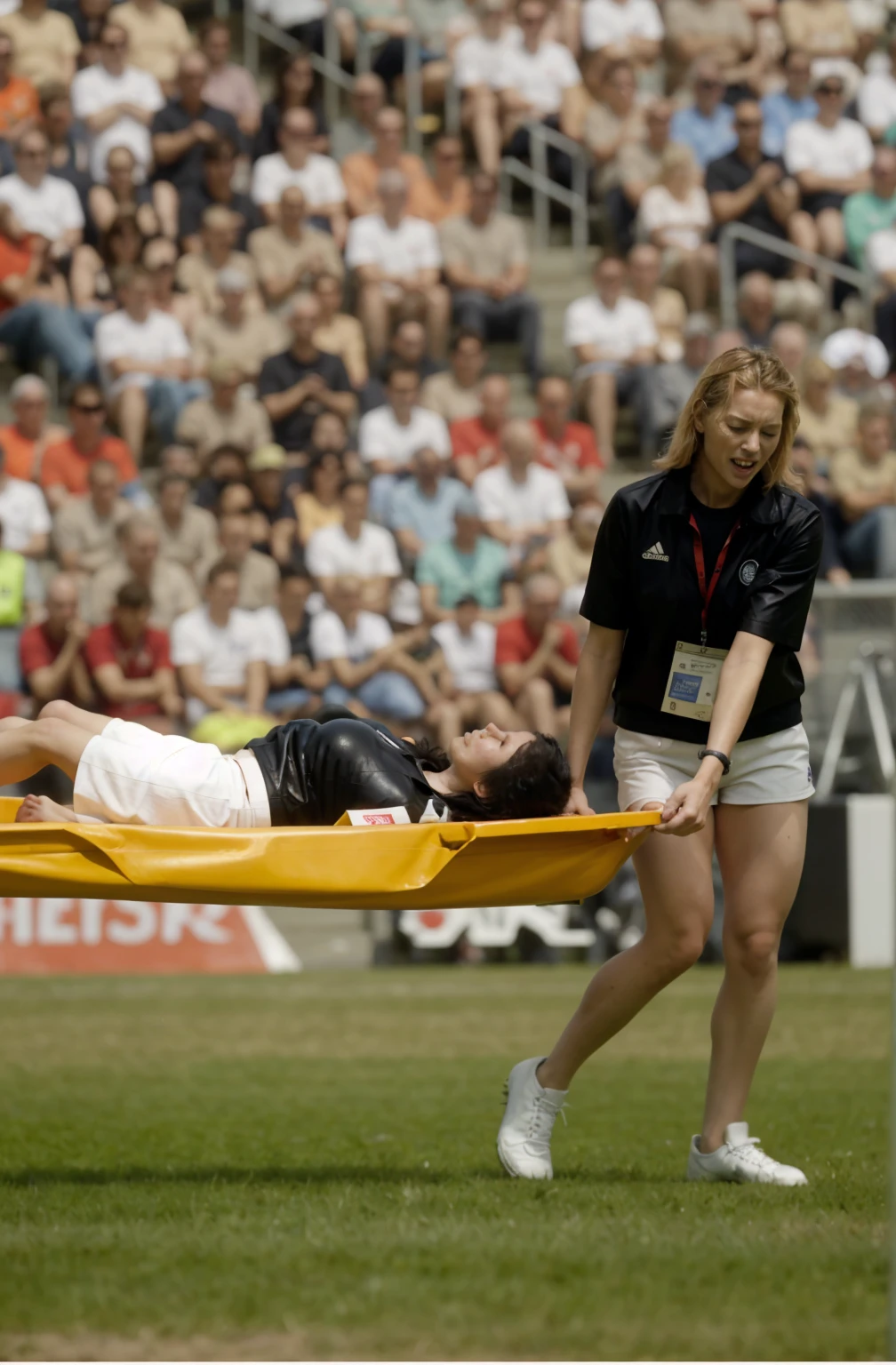 a blond woman is carrying a astretcher on a soccer field, there is a male soccer player in short sportswear lying injured on a stretcher, there is an injured sportsman who is covering his face on a stretcher, an injured sportsman is covering his face with his hands, an injured sportsman is writhing ecstatic in pain on a stretcher, dramatic pity pose, there is a very female woman in a high-shine coat, a high-shine black wetlook coat, a long shiny coat, a wetlook glossy coat, a wet black laquered coat, a very female looking wife is wearing a wetlook coat, injured, medic, soccer action pose, affection pose, lecherous action pose, dramatic action pose, theatralic pose, there is an attractive woman that is carrying a suffering man on a stretcher, there is a beautiful woman in a shiny coat who is carrying a blond man on a wet orange stretcher, a longhaired beautiful woman in a high-shine coat, a longhaired woman in a shiny downcoat, a woman is carrying a stretcher with a shorthaired man who is wearing shorts and a t-shirt, a weak man in spots shorts is consciousless and needs to be carried on a wetlook pvc stretcher, a shorthaired man with closed eyes is carried on a stretcher by a longhaired woman, a woman looks very scared and terrified, a consciousless man with closed eyes is suffering very much and has a very painful face, photo, photo shoot, photographed , accident, help, aid, first aid, pity
