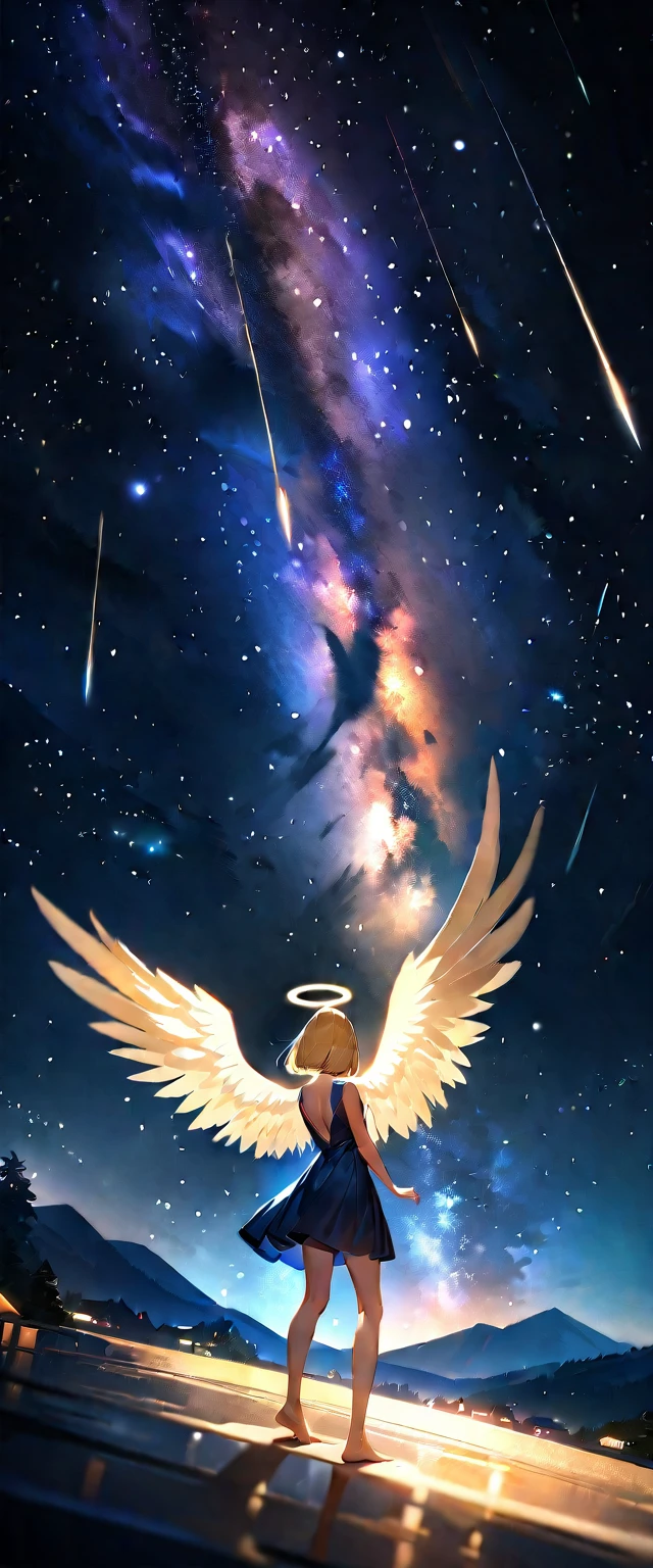 (((A meteor shower dancing in the night sky, countless stars twinkling in the clear air, a beautiful starry sky, the Milky Way shining beautifully in the night))), flying, (((with big angel wings on back))), halo, backless dress, looking up, mountain, wide shot, back shot, a girl, bob cut, bare legs, bare foot, blond hair, (best quality, 4K, 8K, highres, masterpiece:1.2, ultra-detailed, HDR, uhd, studio lighting, ultra-fine painting, sharp focus, physically-based rendering, extreme detail description, professional, vivid colors, bokeh)
