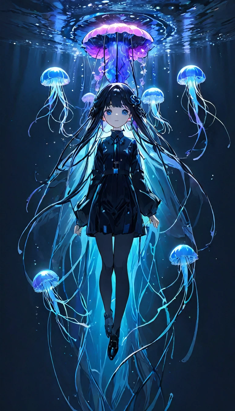 best quality、masterpiece、high resolution、8k、Pitch blackの静寂を演出、Wallpaper Art、Jellyfish floating in the air、Blue glowing jellyfish、Fluorescent jellyfish、Mysterious Expression、Synaptic vesicles、Neurons、Jellyfish-shaped quantum computer、Pitch black、The only light source is the jellyfish、
