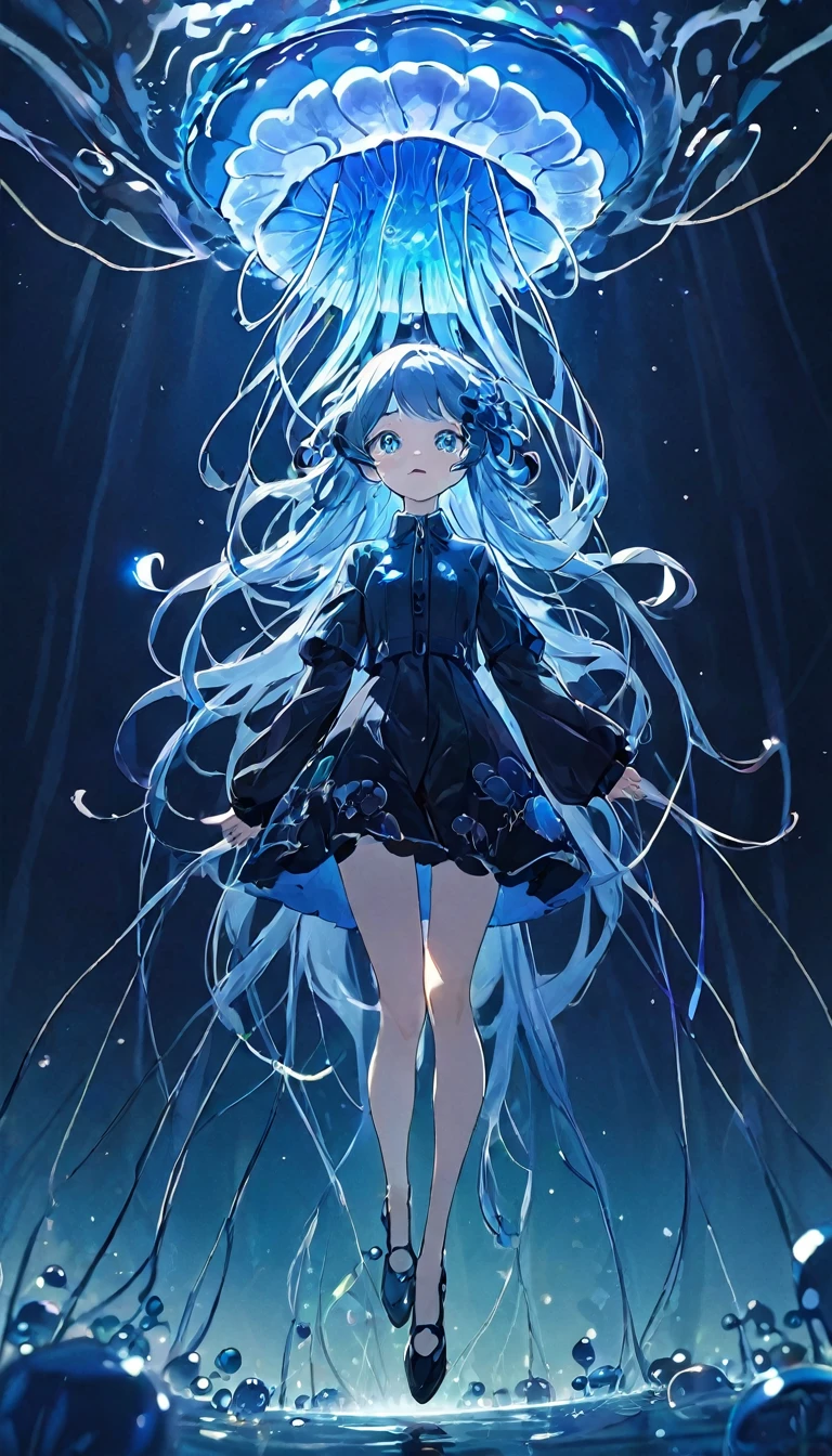 best quality、masterpiece、high resolution、８ｋ、Pitch blackの静寂を演出、Wallpaper Art、Jellyfish floating in the air、Blue glowing jellyfish、Fluorescent jellyfish、Mysterious Expression、Synaptic vesicles、Neurons、Jellyfish-shaped quantum computer、Pitch black、The only light source is the jellyfish、