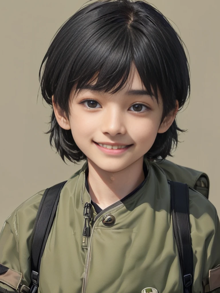 (((Masterpiece))), (high quality), one Japanese boy, 18 years old,(tall and thin,sleepy droopy eyes, long face, (thin cheeks:1.2),(black shaggy short hair,blank expression,smile:1.5),(khaki outdoor jacket,Black Rucksack:1.5),(Close-up of face,turn around,Surprised:1.5),(from below,Plain background:1.5),