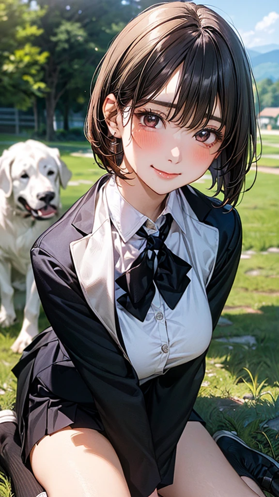 (masterpiece:1.2, top-quality), (realistic, photorealistic:1.4), beautiful illustration, (natural side lighting, movie lighting),
looking at viewer, cowboy shot, front view, 1 girl, japanese, high school girl, perfect face, cute and symmetrical face, shiny skin,
(short hair:1.2, bob cut:1.2, brown hair), swept bangs, dark brown eyes, long eye lasher, (large breasts:0.6, seductive thighs),
beautiful hair, beautiful face, beautiful detailed eyes, beautiful clavicle, beautiful body, beautiful chest, beautiful thigh, beautiful legs, beautiful fingers,
(((black blazer, close blazer), long sleeve white collared shirts, black pleated skirt, black socks)),
(beautiful scenery), evening, (lovely smile, upper eyes), In a grassy field, a girl is on all fours, and a big dog is behind her, grabbing her waist with its paws and holding her close to the lower half of her body.
Her face is bright red and flushed, her mouth is open, and she looks like she is about to cry.
She is wearing a very short skirt.