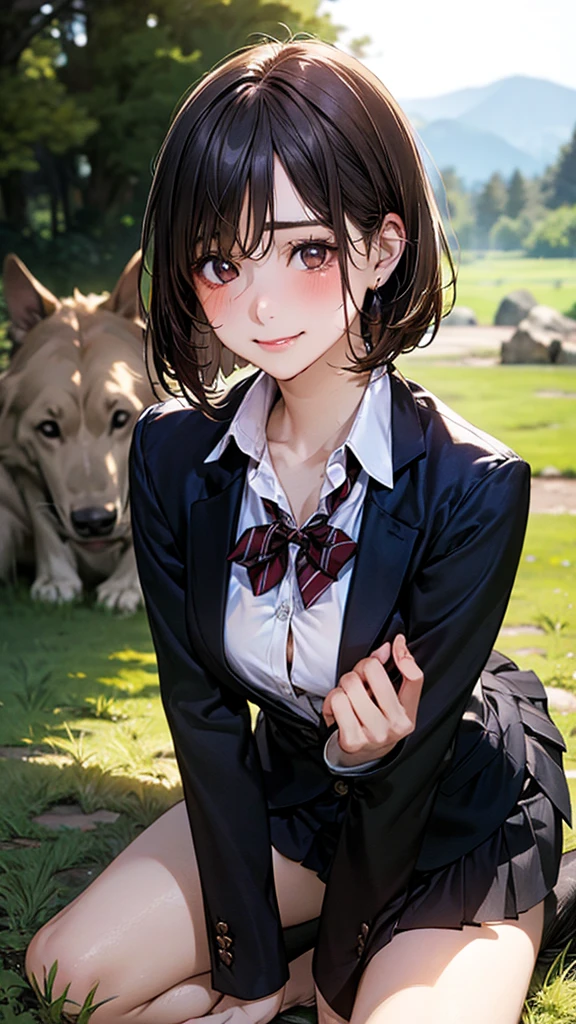 (masterpiece:1.2, top-quality), (realistic, photorealistic:1.4), beautiful illustration, (natural side lighting, movie lighting), 
looking at viewer, cowboy shot, front view:0.6, 1 girl, japanese, high school girl, perfect face, cute and symmetrical face, shiny skin, 
(long hair:1.8, straight hair:1.7, light brown hair), parted bangs, emerald green eyes, long eye lasher, (large breasts:0.9, thick thighs), 
beautiful hair, beautiful face, beautiful detailed eyes, beautiful clavicle, beautiful body, beautiful chest, beautiful thigh, beautiful legs, beautiful fingers, 
((, white collared shirts, black pleated mini skirt, black socks, brown loafers, red bow tie)), break, hoop ring earrings, pink panties, dark blue violet cardigan, break,
(beautiful scenery),
In a grassy field, a girl is on all fours, a big dog is hugging her back from behind, and the dog and the girl's bodies are piled on top of each other in a doggy position.
Her face was bright red and flushed, her mouth was open, and she looked like she was about to cry.
She is wearing a very short skirt.