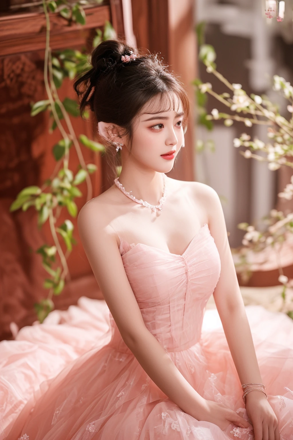 there is a woman sitting on a bed wearing a pink dress, inspired by Huang Ji, ethereal beauty, dilraba dilmurat, sha xi, gorgeous chinese model, inspired by Tang Yifen, wearing organza gown, full body xianxia, cute elegant pose, with soft pink colors, ethereal lighting - h 0, xianxia fantasy