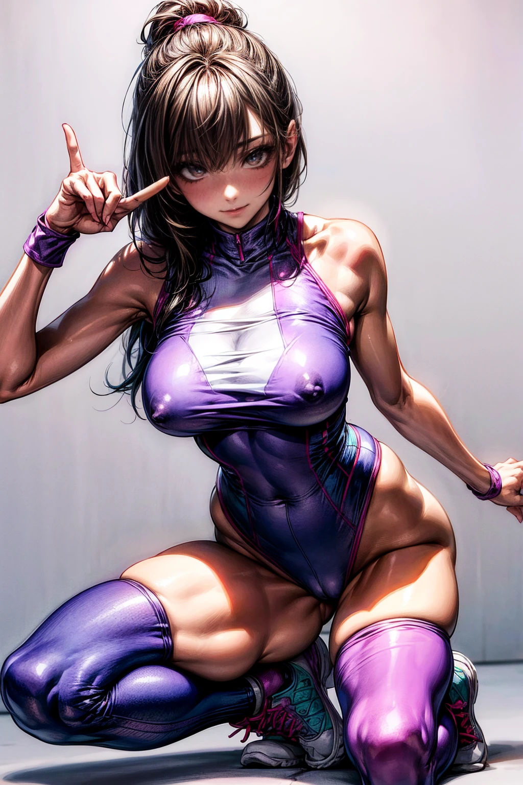 80s aerobics style、High leg leotard、Colored tights、loose socks、sneakers、Full finger count、Detailed picture、girl、25-year-old woman、Dynamic and lively pose、Two legs、Crotch line、Erect nipples