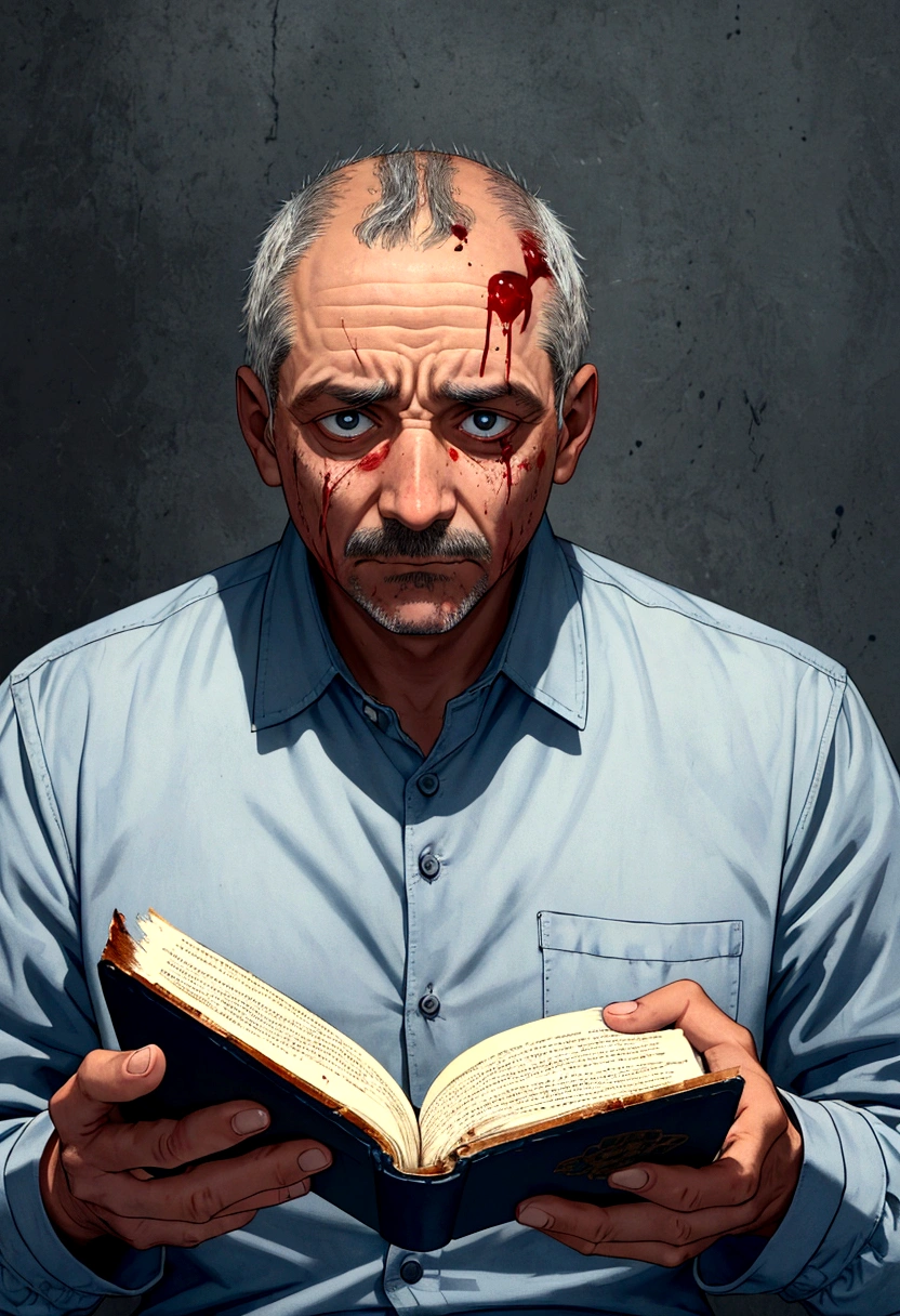 A Depressed middle aged man, but not too old. Holding a blood stained book while looking into the emptiness.