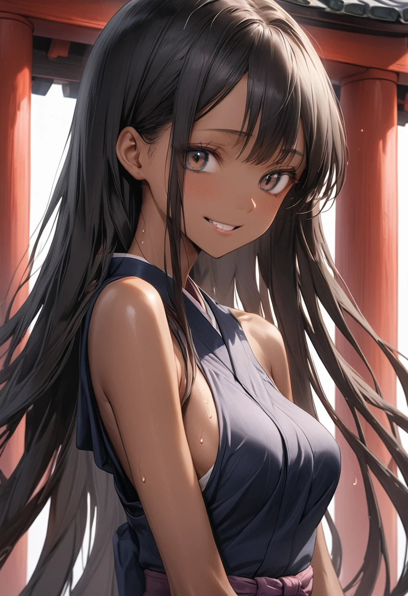 (masterpiece,Highest quality:1.3,best quality illustration),cowboy shot,1woman,25 year old Japanese beauty、black hair,long hair,bangs,black eyes,gorgeous eyes,((very small head:1.3)),shy,smile,((very long body:1.2)),medium breasts,(tan skin, gleaming skin,toned body,slender body, skinny),sweat,(Black kimono、Black Hakama),standing,shrine、