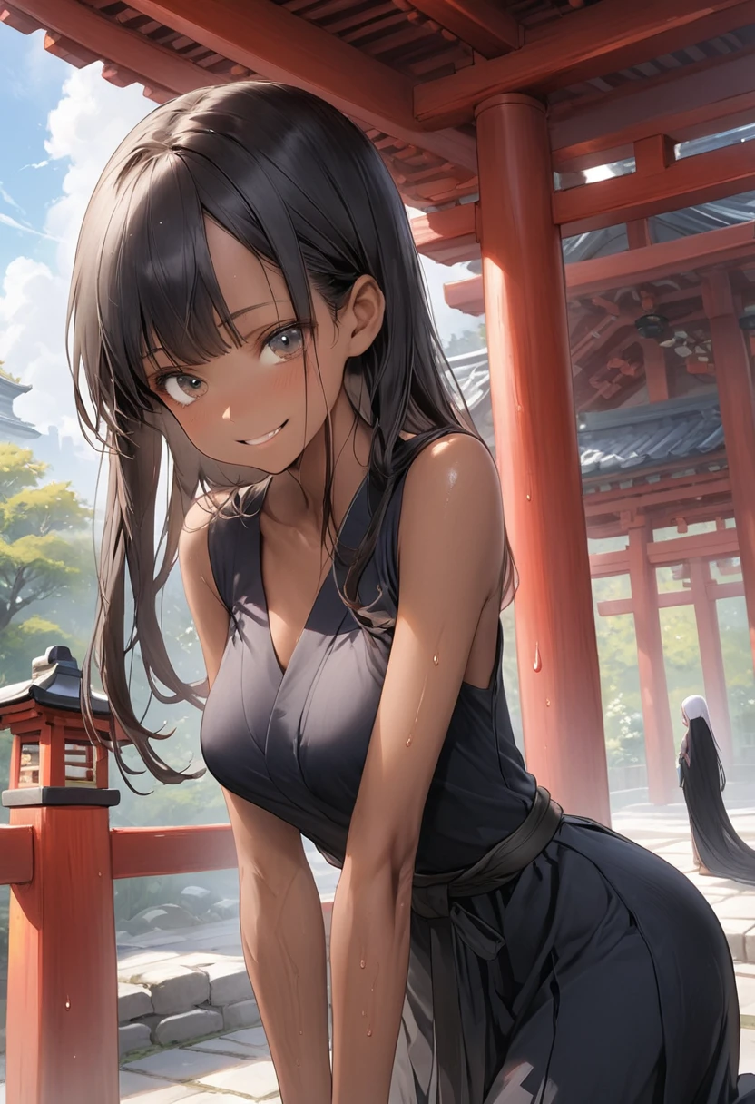 (masterpiece,Highest quality:1.3,best quality illustration),cowboy shot,1woman,25 year old Japanese beauty、black hair,long hair,bangs,black eyes,gorgeous eyes,((very small head:1.3)),shy,smile,((very long body:1.2)),medium breasts,(tan skin, gleaming skin,toned body,slender body, skinny),sweat,(Black kimono、Black Hakama),standing,shrine、