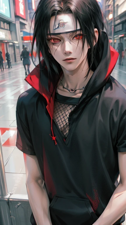 Masterpiece, Uchiha Itachi, cyberpunk style, 1boy, red eyes, male focus, solo, simple background, upper body, looking at viewer, Urban Streetwear , cyberpunk Hoodie, high detailed, dinamic lighting