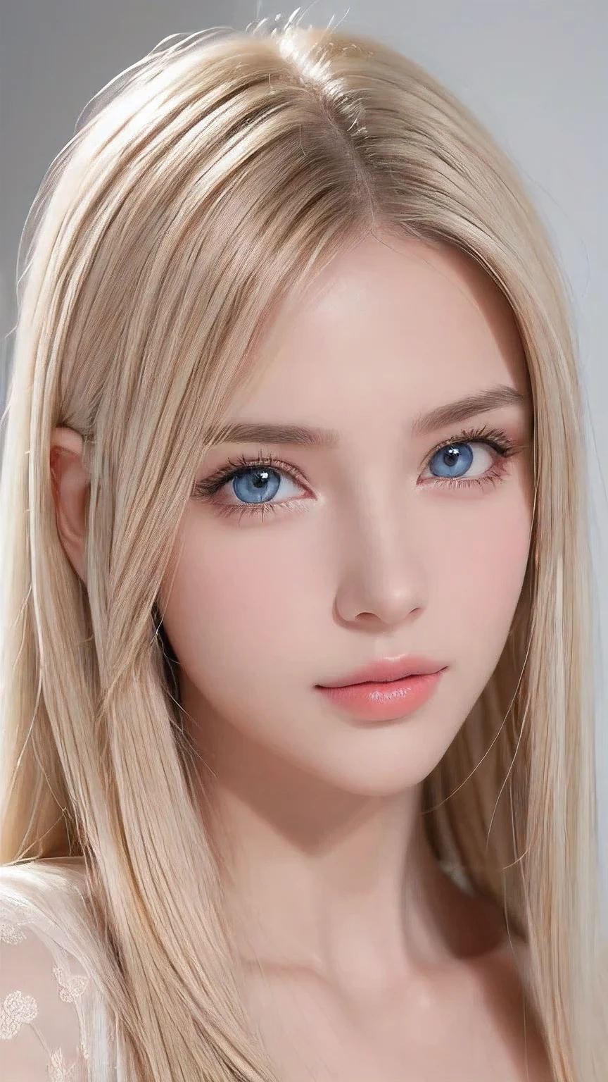 Dressed、(Photorealistic:1.4)、(ハイパーRealistic:1.4)、(Realistic:1.3)、(Smooth lighting:1.05)、(Improved cinematic lighting quality:0.9)、32k、1 Girl、A beautiful woman、Very cute expression、A beautiful 15 year old blonde girl、bangs that fall on the face、Bangs left over the eyeessy bangs between the eyes and nose、Realistic top lighting、Backlight、Face Light、Super long silky platinum hair、Blonde rays、(Bright light:1.2)、(quality improvement:1.4)、(Highest quality realistic textured skin:1.4)、Very beautiful, detailed, shiny, very bright, mint blue, large eyes、Very big eyes、Detailed face、A careful eye for quality、(Tired, sleepy and satisfied: 0.0)、Face close up、T-Shirts、(Enhances the body line:1.1)、(Enhances the beauty of skin texture:1.1)、Cheek gloss highlighter、Small Face Beauty、Round face、Very white and bright skin