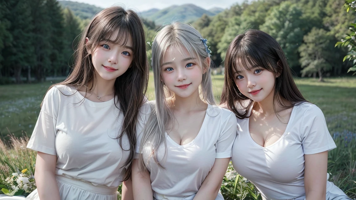 (3 girls), Young faceอินโดนีเซีย, 12 years,smile,Silver hair, white skin, Round breast, blue eyes,(( A white shirt reveals her breasts.))Masterpiece, Highest quality, 8K, beautiful girl, Young face、 photography, Cute face, thigh,In the meadow, Embarrassing、รอยsmile、((((((อายุ 12 years))))))、small waist、 ((Busty breasts))