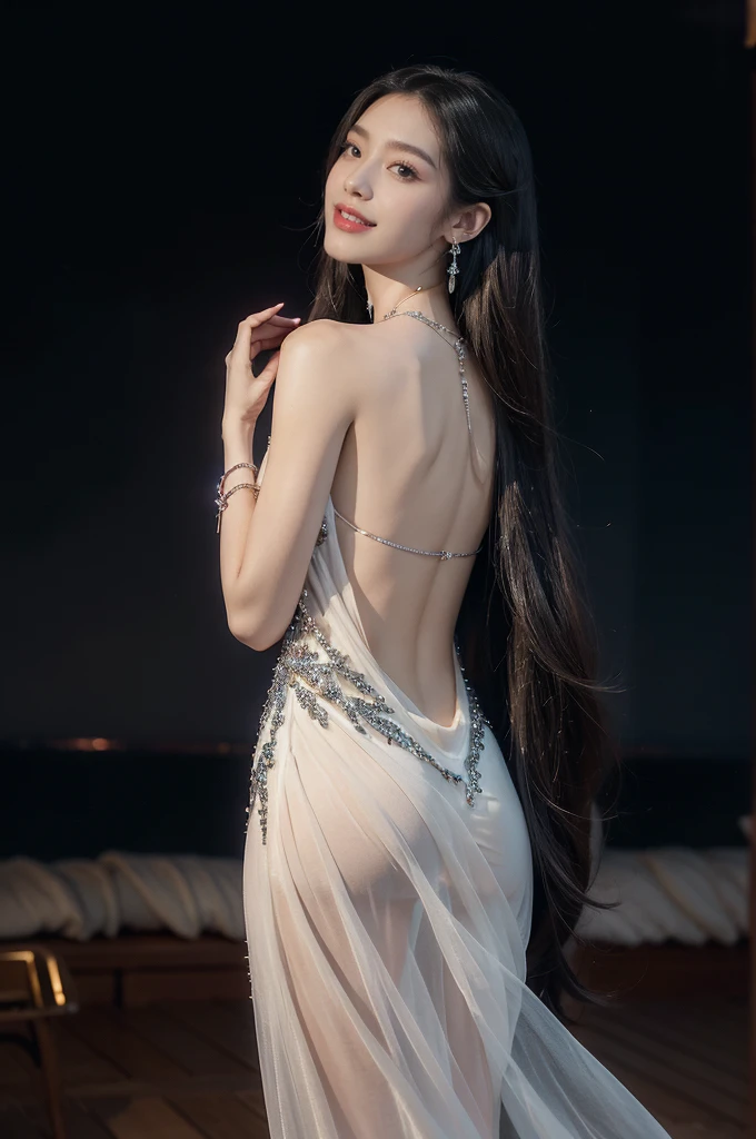 (((best quality))),(((ultra detailed))),(((masterpiece))),illustration,((A beautiful female astrologer,solo)),((slim,thin)),((bare back,towering hips,butt crack)),((shoulder length straight hair)),(laughing:1.2),(earrings,necklace),(sparkled sheer dress:1.3),standing beneath a magical summer night, stars twinkling in the velvety darkness,starry sky, sapphire eyes filled with wonder, flowing ethereal gown mimicking the stars, silver pendant shaped like a horoscope,serene smile and captivating gaze, celestial beauty and mystery, solace and inspiration in the vast expanse of the universe,((from back,upper body))