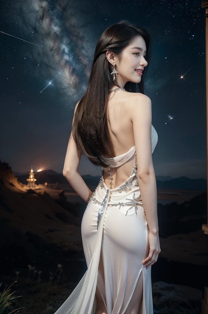 (((best quality))),(((ultra detailed))),(((masterpiece))),illustration,((A beautiful female astrologer,solo)),((slim,thin)),((bare back,towering hips,butt crack)),((shoulder length straight hair)),(laughing:1.2),(earrings,necklace),(sparkled sheer dress:1.3),standing beneath a magical summer night, stars twinkling in the velvety darkness,starry sky, sapphire eyes filled with wonder, flowing ethereal gown mimicking the stars, silver pendant shaped like a horoscope,serene smile and captivating gaze, celestial beauty and mystery, solace and inspiration in the vast expanse of the universe,((from back,upper body))