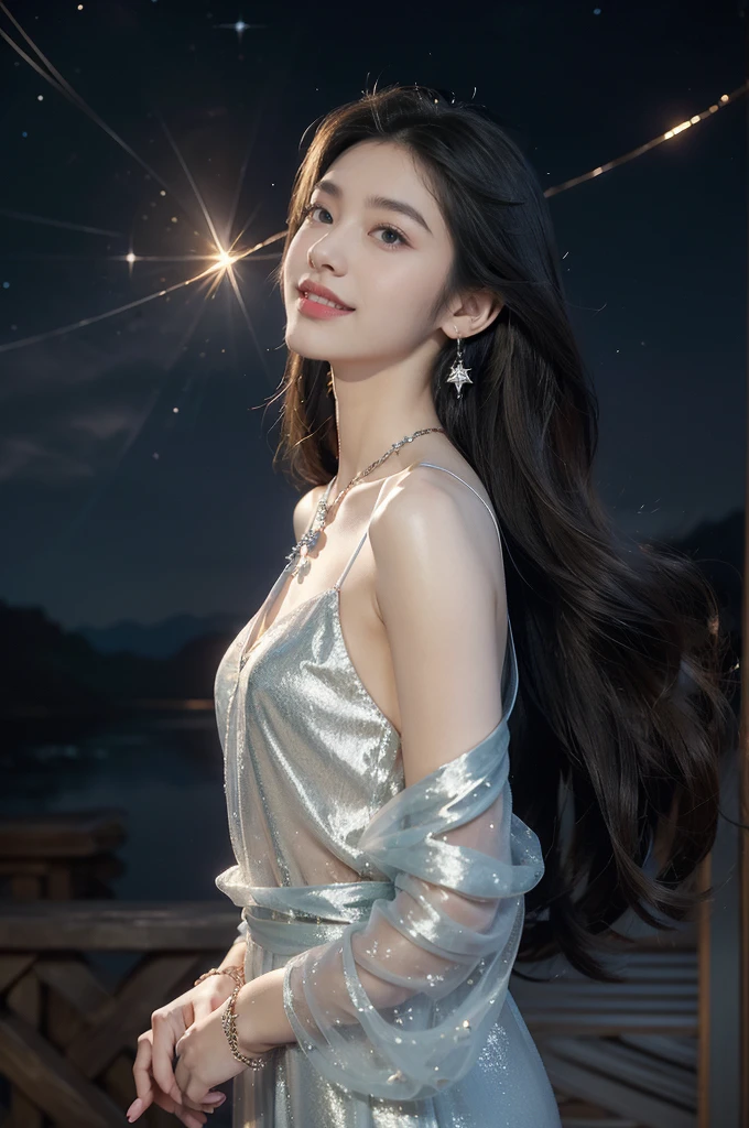 (((best quality))),(((ultra detailed))),(((masterpiece))),illustration,((A beautiful female astrologer,solo)),((slim,thin)),((small breasts,flat chest)),((shoulder length straight hair)),(laughing:1.2),(earrings,necklace),(sparkled sheer shirt-dress:1.3),standing beneath a magical summer night, stars twinkling in the velvety darkness,starry sky, sapphire eyes filled with wonder, flowing ethereal gown mimicking the stars, silver pendant shaped like a horoscope,serene smile and captivating gaze, celestial beauty and mystery, solace and inspiration in the vast expanse of the universe,((from front,upper body))