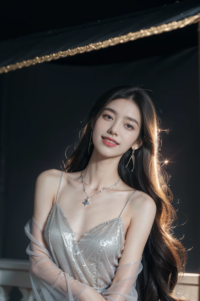 (((best quality))),(((ultra detailed))),(((masterpiece))),illustration,((A beautiful female astrologer,solo)),((slim,thin)),((small breasts,flat chest)),((shoulder length straight hair)),(laughing:1.2),(earrings,necklace),(sparkled sheer shirt-dress:1.3),standing beneath a magical summer night, stars twinkling in the velvety darkness,starry sky, sapphire eyes filled with wonder, flowing ethereal gown mimicking the stars, silver pendant shaped like a horoscope,serene smile and captivating gaze, celestial beauty and mystery, solace and inspiration in the vast expanse of the universe,((from front,upper body))