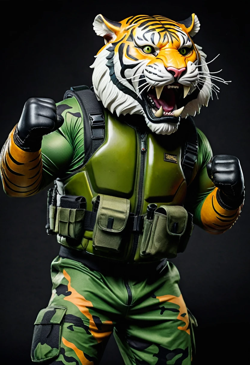 (a dark-skinned bearded fat old man in a bulky green army camouflage zipper diver suit) (wearing proportionate realistic roaring tiger mask that show the wearer eyes), raising fist, carrying a gun holster on his right hip, muscular, Basuki Abdullah, sumatraism, muscular physique, imposing stature, action, a character portrait, heroic, fierce, snarling, best quality, jungle