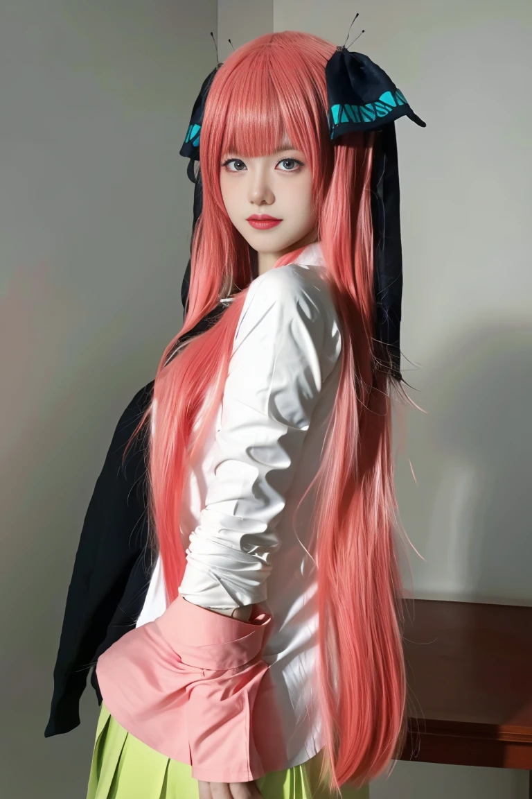 best quality, tmasterpiece,Ultra-high resolution,Clear face,(Reality:1.4),ferpect lighting,(upper body photo), (photorealistic:1.50), anime wallpaper, Guviz style artwork, cover-up fantasy up to magic , by Yang J, Guviz, beautiful artwork illustration, beautiful digital artwork, beautiful digital illustration, Li Song, beautiful anime portrait, art style in Beauvot, 1girl, 独奏, long hair, pink hair, hair ornament, hair ribbon, kimono, standing,