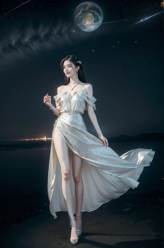 (((best quality))),(((ultra detailed))),(((masterpiece))),illustration,((A beautiful female astrologer,solo)),((slim,thin)),((small breasts,flat chest)),((shoulder length straight hair)),(laughing:1.2),(earrings,necklace),(sparkled sheer shirt-dress:1.3),(slender legs),standing beneath a magical summer night, stars twinkling in the velvety darkness,starry sky, sapphire eyes filled with wonder, flowing ethereal gown mimicking the stars, silver pendant shaped like a horoscope,serene smile and captivating gaze, celestial beauty and mystery, solace and inspiration in the vast expanse of the universe,((from front,full body))