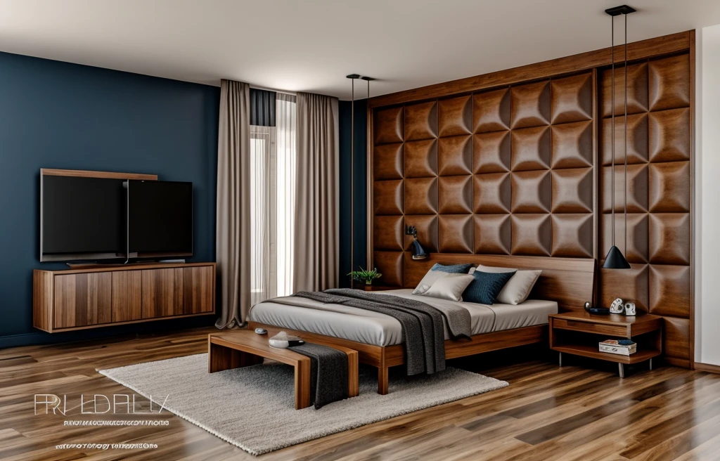 interior bed room, modern styles, (television shelf), leather sofa, rug, two picture, wooden floor, white ceiling, window, curtain, natural lighting, best quality, Masterpiece, Realistic, High quality, corona render, 3dsmax, vray,