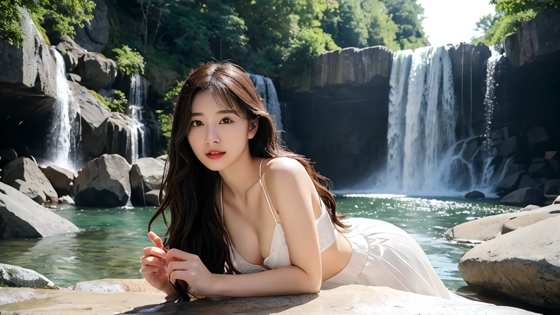最high quality、high quality、Best image quality、8K、最high resolution、high resolution、最high quality、masterpiece、The original image、whole body写真、Every detail of the human body is very realistic.、Practical skin in every detail、Every detail of the face is realistic.、Practical eyes, Diving into the details、Every detail of the lips is lifelike.、Every detail of the teeth is realistic.、Practical ears down to the last detail、I am realistic.、Practical arms down to the last detail、Create every detail realistically、Practical fingers in every detail、(Good Hand、thumb1reference4)、Every detail of the feet is realistic.、Every detail of the feet is realistic.、Practical bust down to the last detail、((Beautiful Japanese Girl))、(Japanese Models), (Japanese women)、((beautiful girl, 18 years old))、(Black Hair)、(Straight Hair)、((whole body))、((Beautiful upturned breasts))、(smooth, trendy style)、(whole body光沢肌、White skin)、Detailed and realistic human body、Practical, Delicate skin、Realistic and detailed face、Practical weapon details、Practical detailed fingers、Practical foot details、The chest has realistic details.、Soft natural light、Forest with waterfall、Waterfalls of different heights、Great Falls、Waterfalls and water power、((Sitting on the rocks in front of the waterfall(背景にGreat Fallsが見える))、((It's wet and transparent.(Short skirt with side slits, Vest))、((Waterfall bath(Moisturizes your skin from head to toe))、((Water dripping on skin.))、((Short skirt with side slits, Vestが濡れて肌にピタッと張り付く))、((濡れたShort skirt with side slits, Vestの上からでも体のラインがはっきりわかります))、((Short skirt with side slits, Vestから滴る水))、Sexy pose、From the angle from below