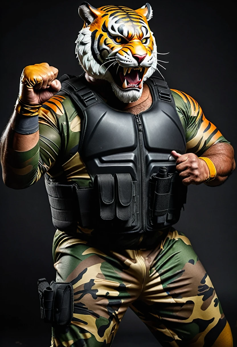 (a dark-skinned bearded fat old man in army camouflage zipper diver suit) (wearing proportionate realistic roaring tiger mask that show the wearer eyes), raising fist, carrying a gun holster on his right hip, muscular, Basuki Abdullah, sumatraism, muscular physique, imposing stature, action, a character portrait, heroic, fierce, snarling, best quality, jungle
