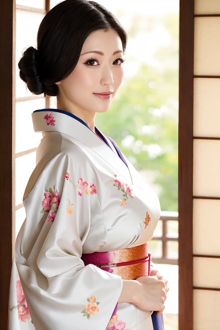 (Highest quality、Tabletop、8K、Best image quality、Award-winning works)、(1 Beautiful Mature Woman:1.1)、(Innkeeper:1.1)、(Elegant floral kimono:1.2)、(A kimono with a perfect and accurate collar:1.2)、Perfect Mature Woman Portrait Photo、Glowing Skin、Standing Elegantly、(Blurred elegant and elaborate perfect Japanese style room background:1.3)、(The most natural and perfect tidy Japanese-style room background:1.2)、(Elegant and luxurious Japanese style room background:1.1)、Glowing White Skin、Very white skin、(Accentuate your body lines:1.1)、(The most elegant posture:1.2)、(Large Breasts:1.2)、(Chignon:1.2)、(Accurate anatomy:1.2)、(Staring at me:1.2)