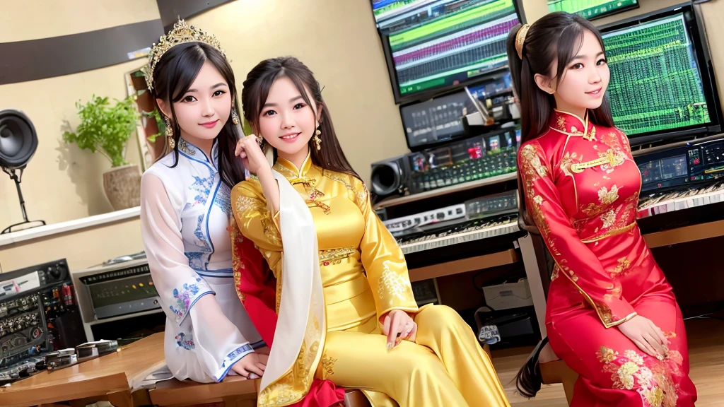 2 Vietnamese girls inside the music studio , Wear Vietnamese Ao Dai, High quality photos, HD, 4K, chill