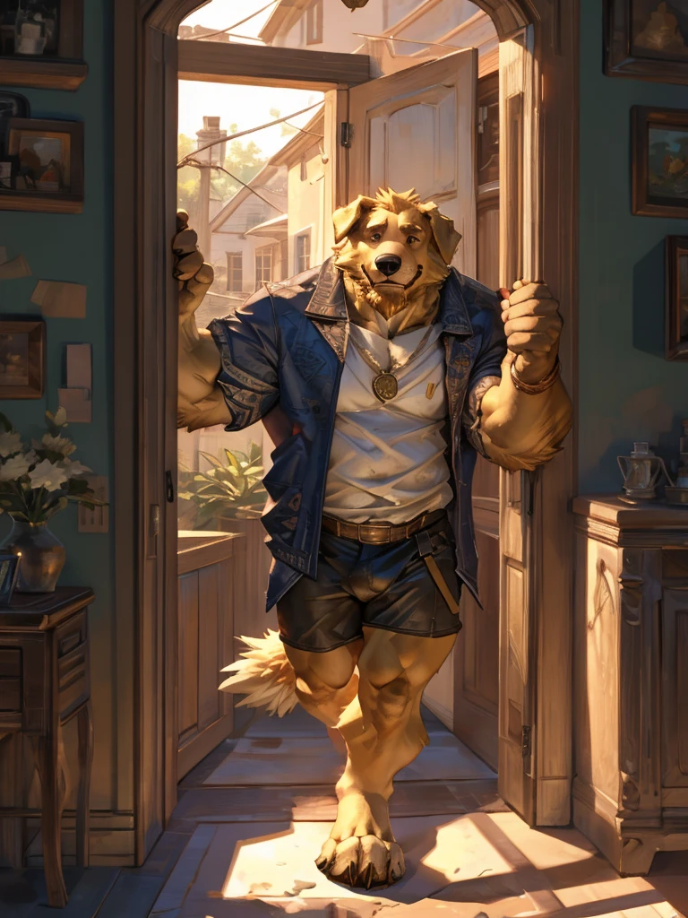 By Taran fiddler, a picture of an adult male, furry canine (golden retriever), golden retriever, dilf, rugged features, stubble beard, slight wrinkles on face, smiling, one man, naked, wearing white jockstrap only, bulging crotch, answering a door, opening door, leaning against doorframe, at a house entrance, facing viewer, facing outside towards the lawn, modern bungalow background, muted lighting