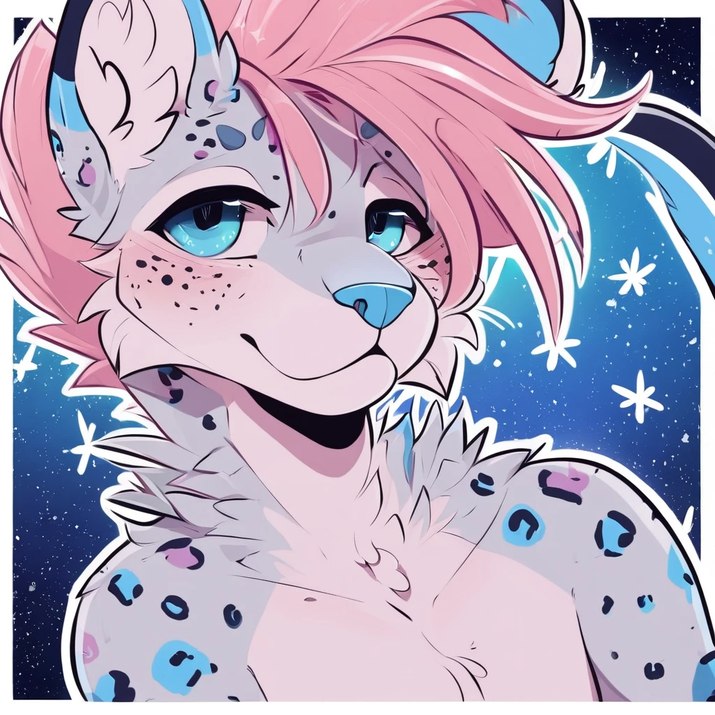 adult, feline, mammal, anthro, anthropomorphic, snow_leopard, striped, fur, striped_feline, fur, furred_anthro, femboy, male, light_pink, fluffy, long_tail, blue_nose, expressive eyes, feline_ears, pink_hair, blue_fur, light_blue_chest, shy, small_pupils, spotted_pattern, stripes, digital_art, high_resolution, high_res, hand-drawn, pencil_lines, head_visible, background, neck_visible, seductive_face, blue_galaxy_background, white_outline, detailed_line_work, profile_picture, head_visible