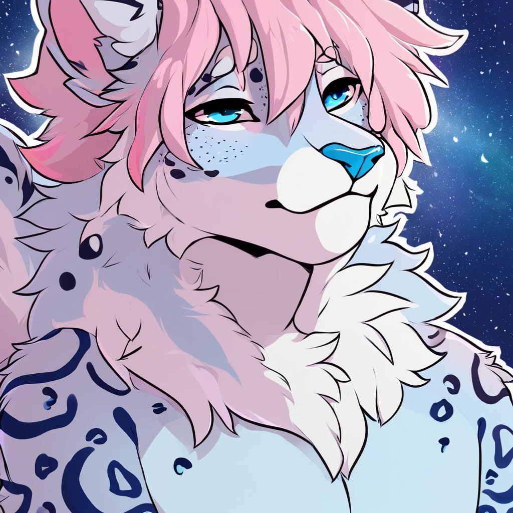 adult, feline, mammal, anthro, anthropomorphic, snow_leopard, striped, fur, striped_feline, fur, furred_anthro, femboy, male, light_pink, fluffy, long_tail, blue_nose, expressive eyes, feline_ears, pink_hair, blue_fur, light_blue_chest, shy, small_pupils, spotted_pattern, stripes, digital_art, high_resolution, high_res, hand-drawn, pencil_lines, head_visible, background, neck_visible, seductive_face, blue_galaxy_background, white_outline, detailed_line_work, profile_picture, head_visible
