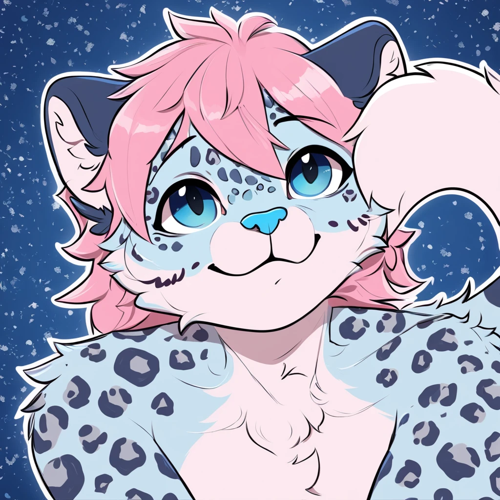adult, feline, mammal, anthro, anthropomorphic, snow_leopard, striped, fur, striped_feline, fur, furred_anthro, femboy, male, light_pink, fluffy, long_tail, blue_nose, expressive eyes, feline_ears, pink_hair, blue_fur, light_blue_chest, shy, small_pupils, spotted_pattern, stripes, digital_art, high_resolution, high_res, hand-drawn, pencil_lines, head_visible, background, neck_visible, seductive_face, blue_galaxy_background, white_outline, detailed_line_work, profile_picture, head_visible