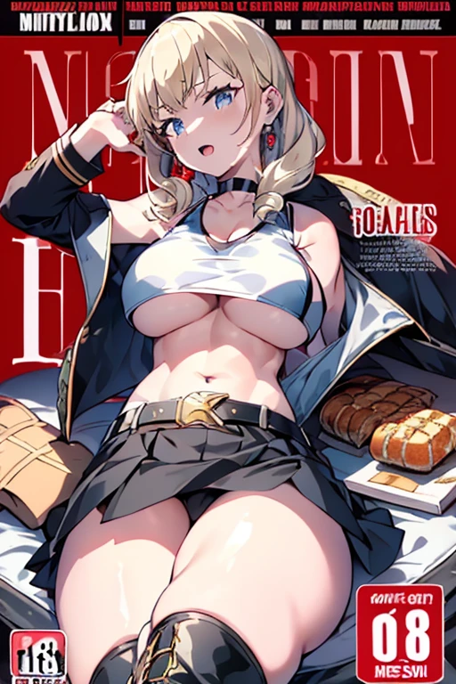 (masterpiece:1.2), (Military uniform magazine cover:1.4),best quality,PIXIV,Sweet girl , sexy posture,1girl, (perky chest:1.2), rolling upskirt by wind:1.6, (with sparkling eyes and a contagious smile),open mouth, (pointed chest:1.2),fishnets, black hair, boots, long hair, black nails, skirt, shirt, black footwear, bag, black skirt, jewelry, jacket, thigh strap, bangs, necktie, earrings, nail polish, multicolored hair, looking at viewer, full body, bottle, own hands together, belt, jacket on shoulders, food, cats on head, ring, choker, english text, collared shirt, blue eyes, hat, lace-up boots ,masterpiece、highest quality、Very detailed、An illustration、Beautiful fine details、One Girl、cute、Detailed landscape、Training Room Background:1.4、Platinum Blonde Hair、Braided Ponytail、Red camisole、((c cup breasts, Tank top showing underboob:1.4))