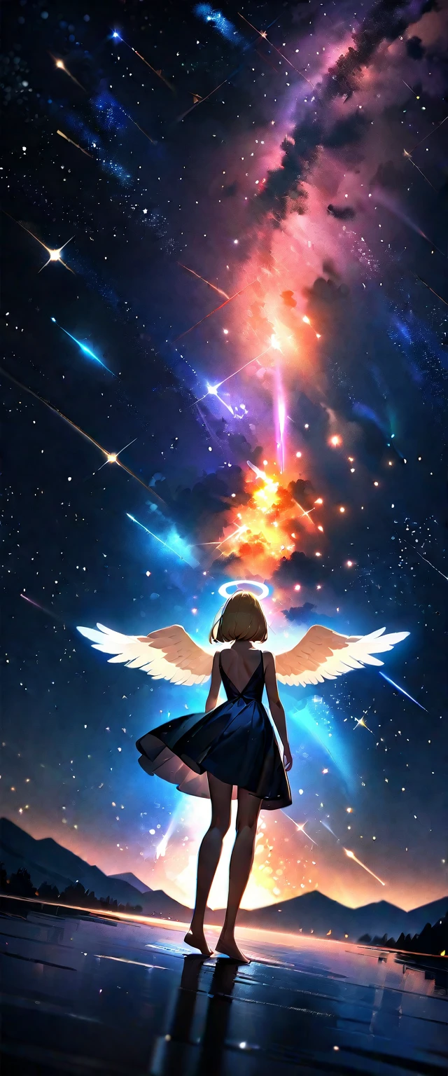 (((A meteor shower dancing in the night sky, countless stars twinkling in the clear air, a beautiful starry sky, the Milky Way shining beautifully in the night))), flying, (((with big angel wings on back))), halo, backless dress, looking up, mountain, wide shot, back shot, a girl, bob cut, bare legs, bare foot, blond hair, (best quality, 4K, 8K, highres, masterpiece:1.2, ultra-detailed, HDR, uhd, studio lighting, ultra-fine painting, sharp focus, physically-based rendering, extreme detail description, professional, vivid colors, bokeh)