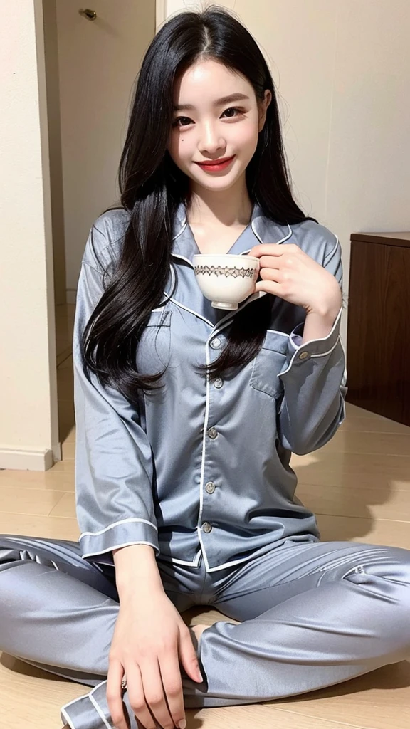 22-year-old girl, with gray eyes, pale white skin, slim figure, smiling, black hair, fashionable, sitting drinking tea and wearing her pajamas sitting on the floor, photo taken with an ultra-realistic professional camera