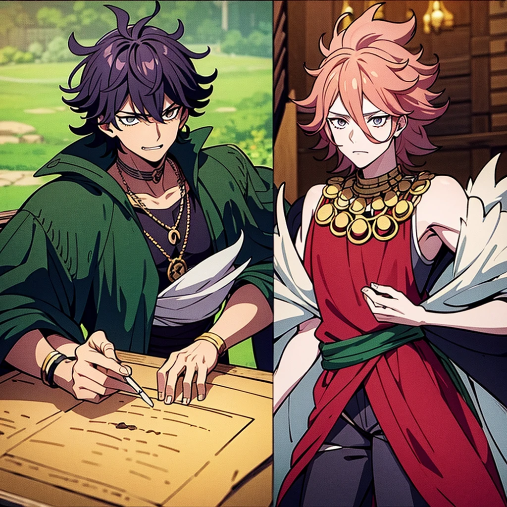 Create a man character as if he were black clover inspired by mereoleona con un grimorio de 5 hojas