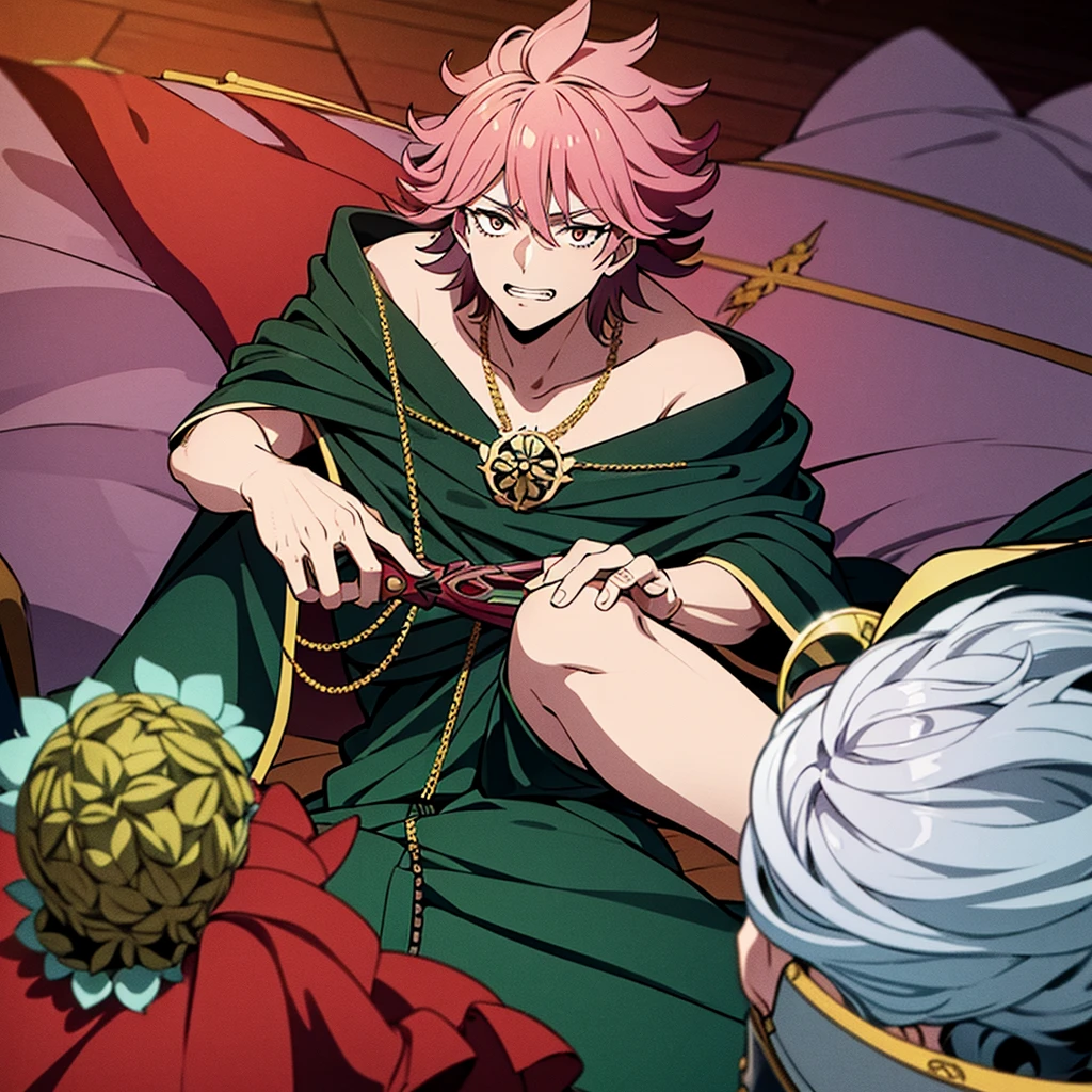 Create a man character as if he were black clover inspired by mereoleona con un grimorio de 5 hojas