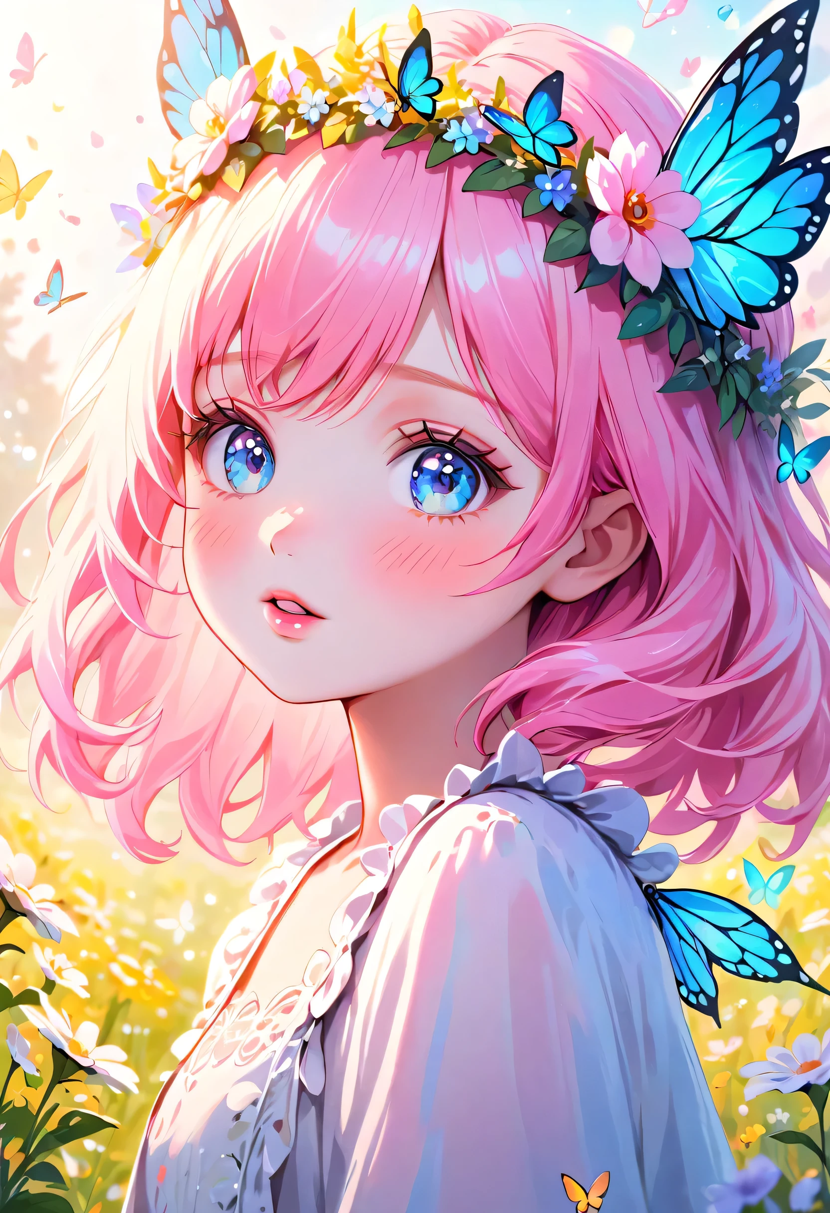 kawaii girl, 1girl, beautiful detailed eyes, beautiful detailed lips, extremely detailed face, long eyelashes, soft pastel colors, pink hair, blue eyes, white skin, cute expression, flower crown, fairy wings, fantasy meadow background, magical light, glowing butterflies, vibrant colors, digital painting, illustration, (best quality, 4k, 8k, highres, masterpiece:1.2), ultra-detailed, (realistic, photorealistic, photo-realistic:1.37)
