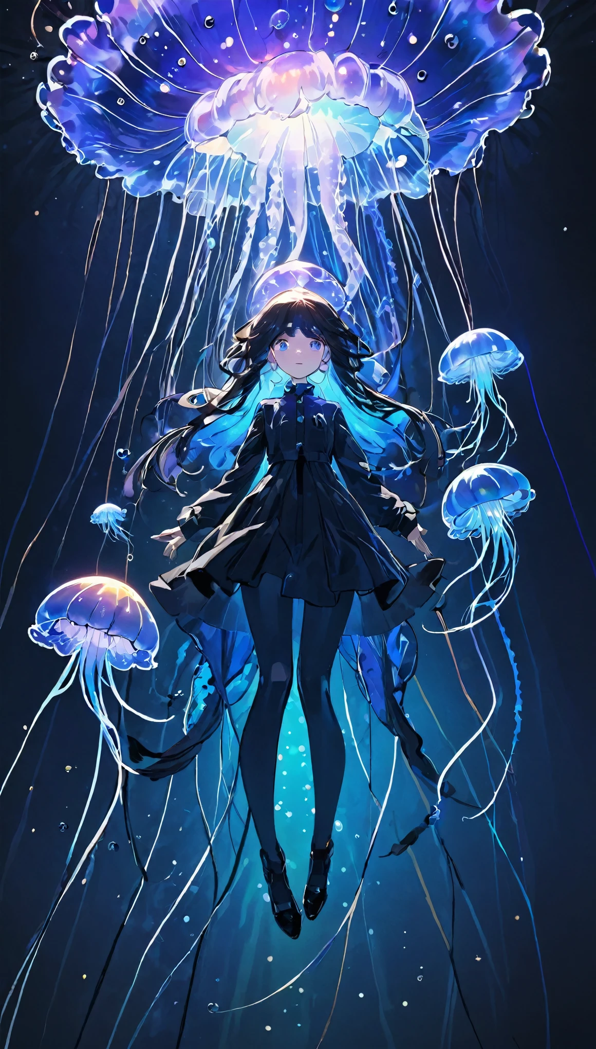 best quality、masterpiece、high resolution、8k、Pitch blackの静寂を演出、Wallpaper Art、Jellyfish floating in the air、Blue glowing jellyfish、Fluorescent jellyfish、Mysterious Expression、Synaptic vesicles、Neurons、Jellyfish-shaped quantum computer、Pitch black、The only light source is the jellyfish、