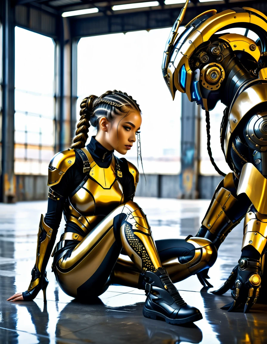 Young woman with braided hair in black and gold futuristic armor sits on the floor of an industrial building. The painting is in the cyberpunk art style with dark gray eyes, beautiful facial features, and beautiful body proportions. The armor features detailed metal mechanical parts. --ar 1:2