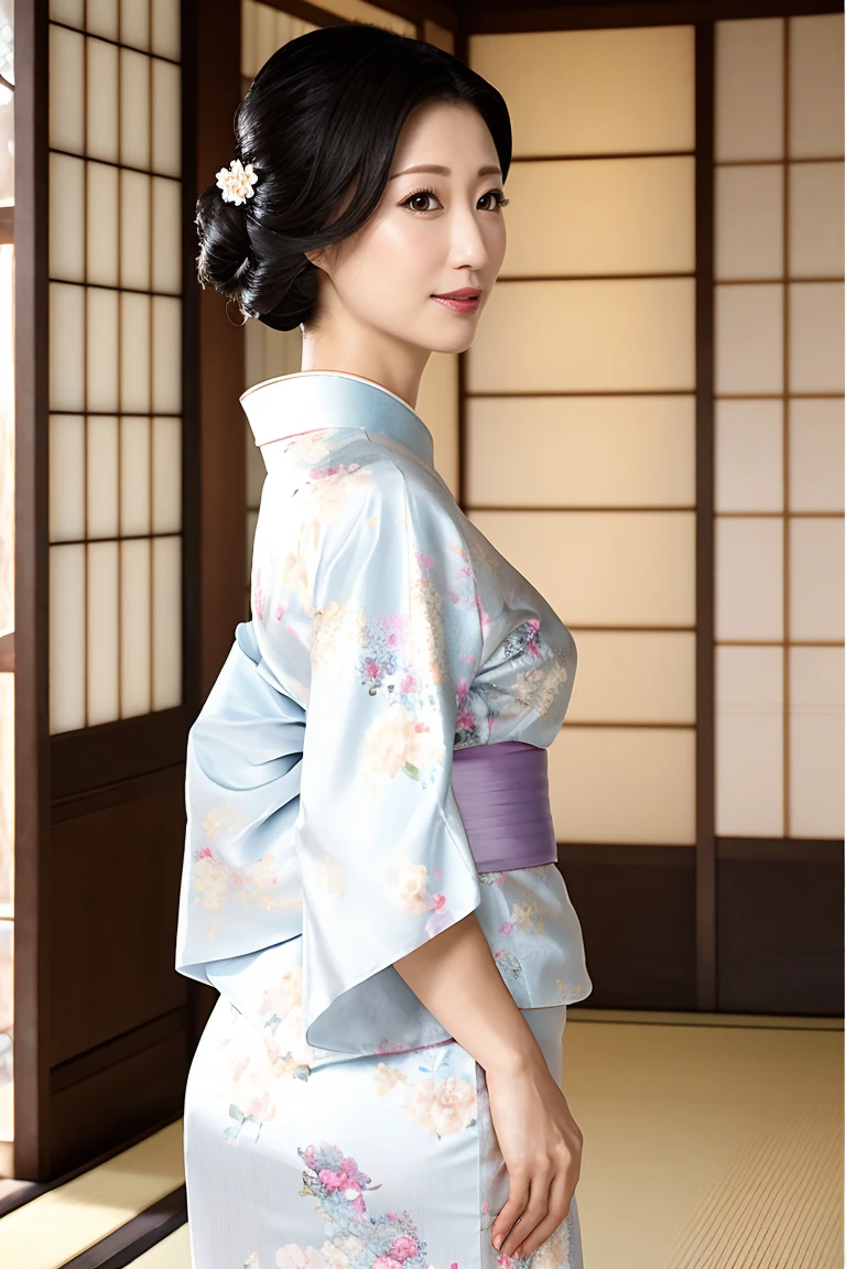 (Highest quality、Tabletop、8K、Best image quality、Award-winning works)、(1 Beautiful Mature Woman:1.1)、(Innkeeper:1.1)、(Elegant floral kimono:1.2)、(A kimono with a perfect and accurate collar:1.2)、Perfect Mature Woman Portrait Photo、Glowing Skin、Standing Elegantly、(Blurred elegant and elaborate perfect Japanese style room background:1.3)、(The most natural and perfect tidy Japanese-style room background:1.2)、(Elegant and luxurious Japanese style room background:1.1)、Glowing White Skin、Very white skin、(Accentuate your body lines:1.1)、(The most elegant posture:1.2)、(Large Breasts:1.2)、(Chignon:1.2)、(Accurate anatomy:1.2)、(Staring at me:1.2)、(Stand elegantly facing forward:1.2)、(Front view:1.1)
